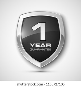 Steel shield with text guarantee one year icon. Warranty 1 year Label obligations. Safeguard metal shield sign. Protect promise reliability badge. Security guaranteed one year shield illustration