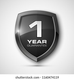 Steel shield with text guarantee one year icon. Warranty 1 year Label obligations. Safeguard metal shield sign. Protect promise reliability badge. Security guaranteed one year shield illustration