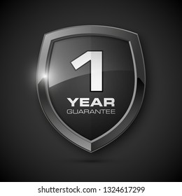 Steel Shield With Text Guarantee One Year Icon. Warranty 1 Year Label Obligations. Safeguard Metal Shield Sign. Protect Promise Reliability Badge. Security Guaranteed One Year Shield Illustration