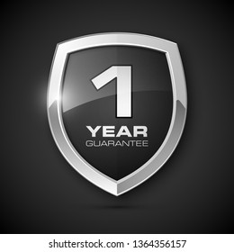 Steel shield with text guarantee one year icon. Warranty 1 year Label obligations. Safeguard metal shield sign. Protect promise reliability badge. Security guaranteed one year shield illustration