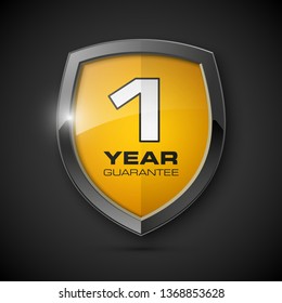 Steel shield with text guarantee one year icon. Warranty 1 year Label obligations. Safeguard metal shield sign. Protect promise reliability badge. Security guaranteed one year shield illustration