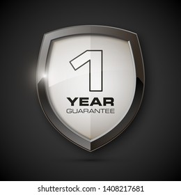 Steel Shield With Text Guarantee One Year Icon. Warranty 1 Year Label Obligations. Safeguard Metal Shield Sign. Protect Promise Reliability Badge. Security Guaranteed One Year Shield Illustration