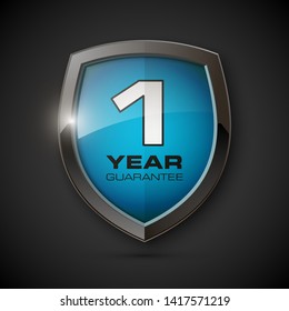 Steel shield with text guarantee one year icon. Warranty 1 year Label obligations. Safeguard metal shield sign. Protect promise reliability badge. Security guaranteed one year shield illustration