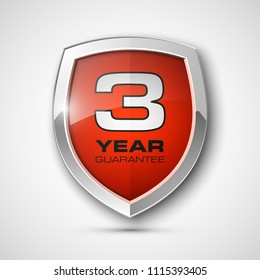 Steel shield with text guarantee three year icon. Warranty 3 year Label obligations. Safeguard metal shield sign. Protect promise reliability badge. Security guaranteed three year shield illustration