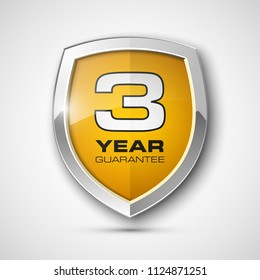 Steel shield with text guarantee three year icon. Warranty 3 year Label obligations. Safeguard metal shield sign. Protect promise reliability badge. Security guaranteed three year shield illustration