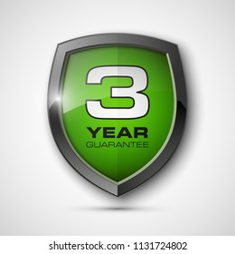 Steel shield with text guarantee three year icon. Warranty 3 year Label obligations. Safeguard metal shield sign. Protect promise reliability badge. Security guaranteed three year shield illustration