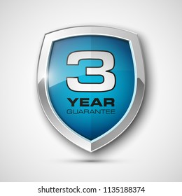 Steel shield with text guarantee three year icon. Warranty 3 year Label obligations. Safeguard metal shield sign. Protect promise reliability badge. Security guaranteed three year shield illustration