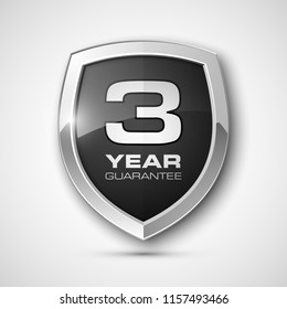 Steel shield with text guarantee three year icon. Warranty 3 year Label obligations. Safeguard metal shield sign. Protect promise reliability badge. Security guaranteed three year shield illustration