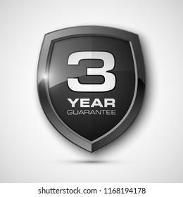 Steel shield with text guarantee three year icon. Warranty 3 year Label obligations. Safeguard metal shield sign. Protect promise reliability badge. Security guaranteed three year shield illustration