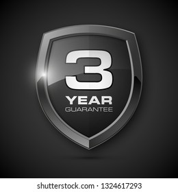 Steel shield with text guarantee three year icon. Warranty 3 year Label obligations. Safeguard metal shield sign. Protect promise reliability badge. Security guaranteed three year shield illustration