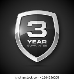 Steel shield with text guarantee three year icon. Warranty 3 year Label obligations. Safeguard metal shield sign. Protect promise reliability badge. Security guaranteed three year shield illustration