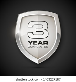 Steel shield with text guarantee three year icon. Warranty 3 year Label obligations. Safeguard metal shield sign. Protect promise reliability badge. Security guaranteed three year shield illustration