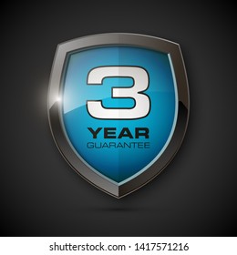 Steel shield with text guarantee three year icon. Warranty 3 year Label obligations. Safeguard metal shield sign. Protect promise reliability badge. Security guaranteed three year shield illustration