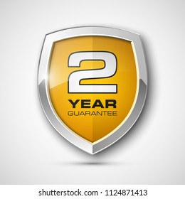 Steel shield with text guarantee two year icon. Warranty 2 year Label obligations. Safeguard metal shield sign. Protect promise reliability badge. Security guaranteed two year shield illustration