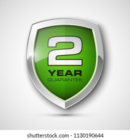 Steel shield with text guarantee two year icon. Warranty 2 year Label obligations. Safeguard metal shield sign. Protect promise reliability badge. Security guaranteed two year shield illustration