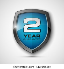 Steel shield with text guarantee two year icon. Warranty 2 year Label obligations. Safeguard metal shield sign. Protect promise reliability badge. Security guaranteed two year shield illustration