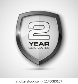 Steel shield with text guarantee two year icon. Warranty 2 year Label obligations. Safeguard metal shield sign. Protect promise reliability badge. Security guaranteed two year shield illustration