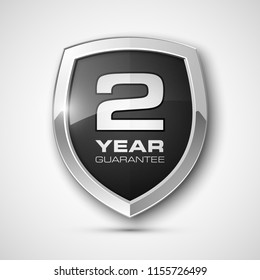 Steel shield with text guarantee two year icon. Warranty 2 year Label obligations. Safeguard metal shield sign. Protect promise reliability badge. Security guaranteed two year shield illustration