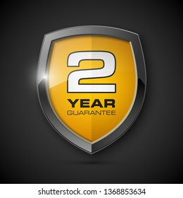 Steel shield with text guarantee two year icon. Warranty 2 year Label obligations. Safeguard metal shield sign. Protect promise reliability badge. Security guaranteed two year shield illustration