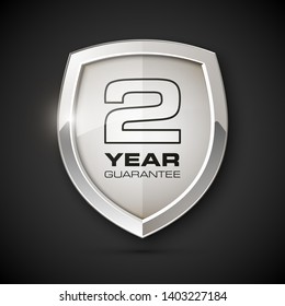 Steel shield with text guarantee two year icon. Warranty 2 year Label obligations. Safeguard metal shield sign. Protect promise reliability badge. Security guaranteed two year shield illustration