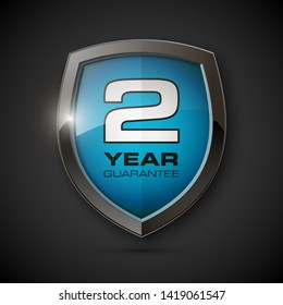 Steel shield with text guarantee two year icon. Warranty 2 year Label obligations. Safeguard metal shield sign. Protect promise reliability badge. Security guaranteed two year shield illustration