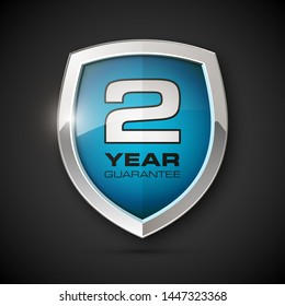 Steel shield with text guarantee two year icon. Warranty 2 year Label obligations. Safeguard metal shield sign. Protect promise reliability badge. Security guaranteed two year shield illustration