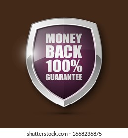 Steel shield with text MONEY BACK 100% GUARANTEE icon. Safeguard metal shield sign. Protect promise reliability badge. vector illustration