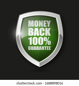 Steel shield with text MONEY BACK 100% GUARANTEE icon. Safeguard metal shield sign. Protect promise reliability badge. vector illustration