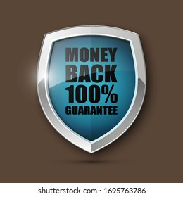 Steel shield with text MONEY BACK 100% GUARANTEE icon. Safeguard metal shield sign. Protect promise reliability badge. vector illustration