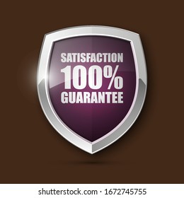 Steel shield with text SATISFACTION 100% GUARANTEE icon. Safeguard metal shield sign. Protect promise reliability badge. vector illustration