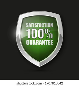 Steel shield with text SATISFACTION 100% GUARANTEE icon. Safeguard metal shield sign. Protect promise reliability badge. vector illustration