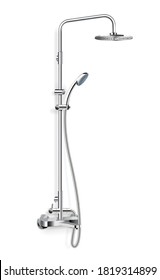 Steel shower system realistic icon on white background with two various heads and closed taps vector illustration