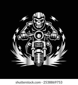 Steel Skull Ride: Vintage Biker Vector with Fierce Skull Rider and Motorcycle Spirit
