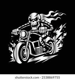 Steel Skull Ride: Vintage Biker Vector with Fierce Skull Rider and Motorcycle Spirit
