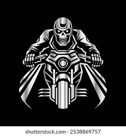 Steel Skull Ride: Vintage Biker Vector with Fierce Skull Rider and Motorcycle Spirit
