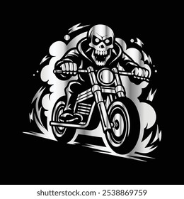 Steel Skull Ride: Vintage Biker Vector with Fierce Skull Rider and Motorcycle Spirit
