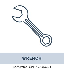 Steel spanner wrench outline icon. Vector monochrome illustration isolated on white background. Hand construction tool for renovation work.