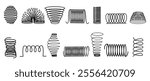 Steel spiral springs. Isolated black metal coils icons, various spring elements. Different compressed extended coil for mattress, machines details, nowaday vector set