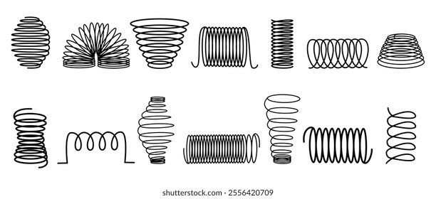 Steel spiral springs. Isolated black metal coils icons, various spring elements. Different compressed extended coil for mattress, machines details, nowaday vector set