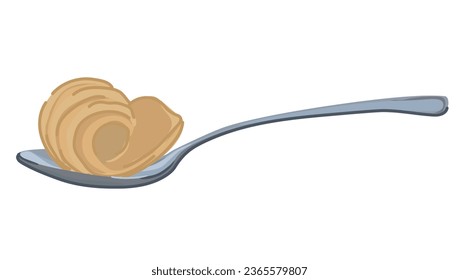 Cuchara de acero con curl de mantequilla sobre fondo blanco. Vector de estilo plano. Grasas sanas lecheras, margarina, ghee por cuchara sopera para la dieta keto. Estilo de caricatura.