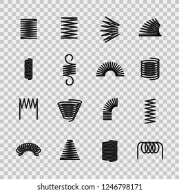 Steel spring. Spiral coil flexible steel wire springs shape. Absorbing pressure equipment line icons