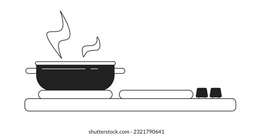 Steel stainless pot on kitchen stove monochrome flat vector object. Kitchen appliance. Editable black and white thin line icon. Simple cartoon clip art spot illustration for web graphic design