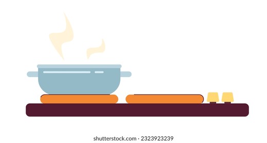 Steel stainless pot on kitchen stove semi flat colour vector object. Kitchen appliance. Editable cartoon clip art icon on white background. Simple spot illustration for web graphic design