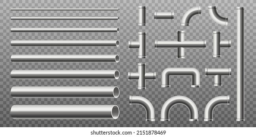 Steel straight, curved pipes collection in realistic vector illustration isolated on transparent. Set of different diameter metal pipes for water, plumbing, drainage system or oil and gas pipeline