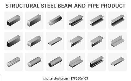 Steel structural product such as beam tube and pipe variety of shape for construction material, Steel construction material, Product of iron and steel industry, vector illustration icon set design.