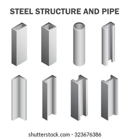 Steel structural product such as beam tube and pipe variety of shape for construction materials, Steel construction material, Product of iron and steel industry, vector illustration icon set design.