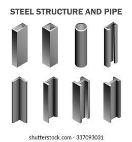 Steel structural product such as beam tube and pipe variety of shape for construction materials, Steel construction material, Product of iron and steel industry, vector illustration icon set design.