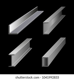 Steel structural sections. Rolled metal products. Vector illustration isolated on black background