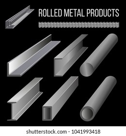 Steel structural sections. Rolled metal products. Vector illustration isolated on black background