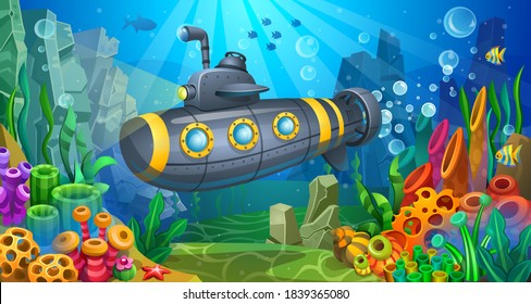 Steel submarine plunges into the depths the sea  Underwater world and algae  corals  sponges   fish 